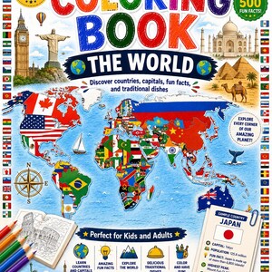 Libro para colorear de países del mundo / Actividad de geografía, banderas, capitales (descarga en PDF)