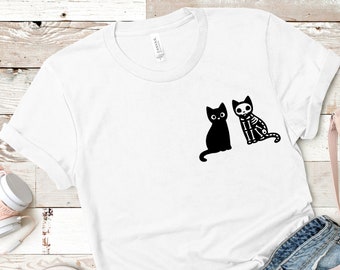 Camiseta de Halloween, regalo para amantes de los gatos, camiseta de gato de Halloween, camiseta de esqueleto de gato, camiseta de esqueleto, camiseta divertida de gato, camiseta de gato para mujer, gato espeluznante