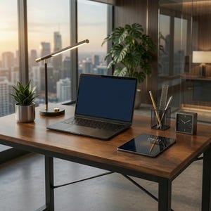 May include: A dark wood desk with a black metal frame featuring a laptop, a slim LED desk lamp, a tablet, a small potted plant, a wire pencil holder with writing utensils, and a square analog clock with a black face and white hands.