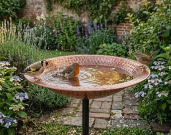 Hammered Copper Bird Bath with Stand, Weather-Resistant Garden Feeder Bowl.