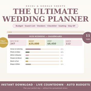 Peut inclure: Un tableur de planification de mariage numérique pour Excel et Google Sheets intitulé The Ultimate Wedding Planner. Le tableau de bord affiche un compte à rebours, un budget de 25 000 $, 8 450 $ dépensés et 112 invités. Il comprend 11 onglets et des barres de progression.