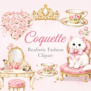 Puede incluir: Una ilustración digital que presenta un ramo de rosas rosas en forma de corazón con un lazo, una tiara dorada, una taza de té con rosas, un tocador con accesorios de maquillaje y un gatito blanco con un lazo rosa en una silla tapizada.