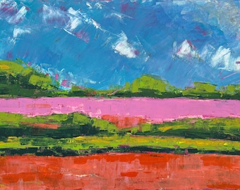 Rainbow Fields - Pink di Lisa Goddard, stampa artistica in formato A5