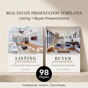 Pode incluir: Modelos de apresentação imobiliária com um guia de apresentação de listagem e um guia de apresentação de comprador. Cada capa exibe fotos de interiores, texto preto em negrito e espaços para nomes. O conjunto inclui 98 páginas no total.