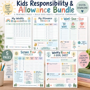 May include: A digital download bundle of five printable pages titled Kids Responsibility & Allowance Bundle. The sheets include a weekly responsibilities chart, allowance tracker, want-save-give planner, screen time tracker, and a weekly reward and goal sheet with colourful icons, rainbow graphics, and text prompts for tracking habits.
