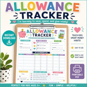 Peut inclure: Une feuille de suivi d'argent de poche imprimable sur un presse-papier avec des sections pour les plans, objectifs et journaux. Le design coloré inclut une tirelire rose, un bocal d'argent et le texte Allowance Tracker, I'm learning to save, spend, and give wisely.