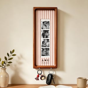 Newlyweds Couples Housewarming New Home Gift, Personalized Vintage Wall Photo Frame Key Holder, Photobooth Frame | 4x12 Photo Strip Display