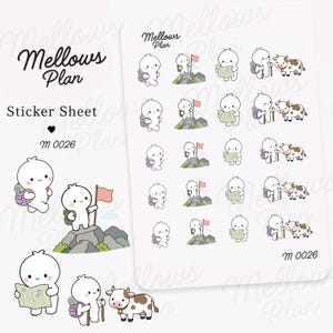 Könnte beinhalten: Ein Aufkleberbogen mit dem Titel Mellows Plan M 0026, der mehrere kleine Illustrationen einer weißen Zeichentrickfigur beim Wandern, auf einem Berg mit Flagge, beim Lesen einer Karte und beim Gehen mit einer braun-weißen Kuh zeigt.