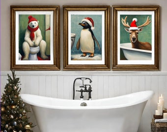 Set of Three Whimsical Animals Winter Holiday Bathroom Art