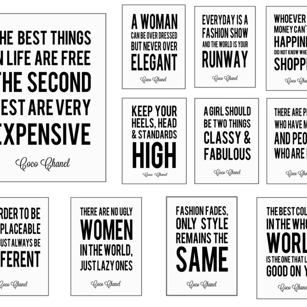 Set of 11 Coco Chanel Quote Digital Art Printables (You Print) -3x5, 4x6,  5x7 and 8x10