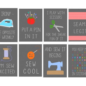11x14 Set of Eight Dark Grey Funny Sewing Digital Art Prints; FACS Classroom, Sewing Room, Craft Room