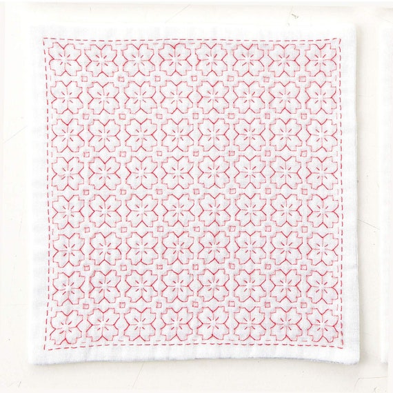 Traditional Japanese Craft Olympus Kuguri Stitch Morning Glory Motif Design Hana Fukin Sashiko Kit with Cloth and Threads SK-351