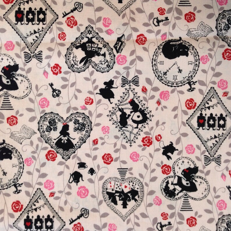 108cm x 50cm Kokka Japanese Fabric Alice in Wonderland Fabric White Gold