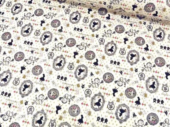 108cm x 50cm Kokka Japanese Fabric Alice in Wonderland Fabric White Gold