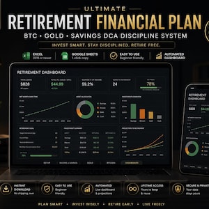 May include: A digital retirement financial plan displayed on a laptop and smartphone screen. The dashboard features charts, graphs, and data tables for tracking savings, gold, and BTC investments with the text Ultimate Retirement Financial Plan.