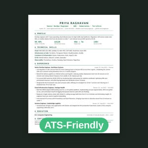 May include: A professional resume document for Priya Raghavan, a Senior DevOps Engineer. The text includes sections for profile, technical skills, experience, education, and certifications, with a green overlay banner at the bottom reading ATS-Friendly.