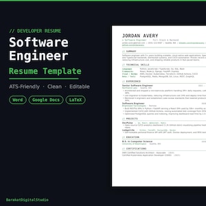 Può includere: Un modello di curriculum per ingegnere del software su sfondo scuro con testo bianco e verde. Il documento include sezioni per riepilogo, competenze tecniche, esperienza, progetti, istruzione e certificazioni, compatibile con Word, Google Docs e LaTeX.