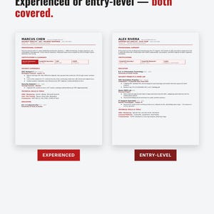 May include: Two side-by-side resumes titled Blue Team Defense, Experienced or entry-level — both covered. The left resume belongs to Marcus Chen, labeled Experienced, and the right to Alex Rivera, labeled Entry-level, both featuring red text.