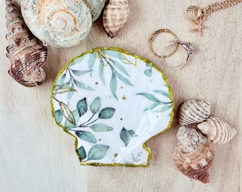 Handcrafted Eucalyptus Decoupage Scallop Shell Ring Dish – Coastal Jewellery Tray