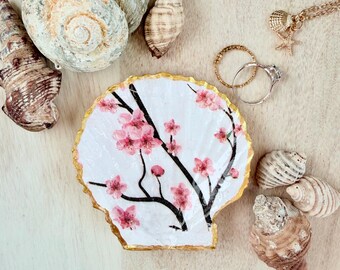 Handcrafted Cherry Blossom Scallop Shell Ring Dish – Coastal Decoupage Trinket Tray