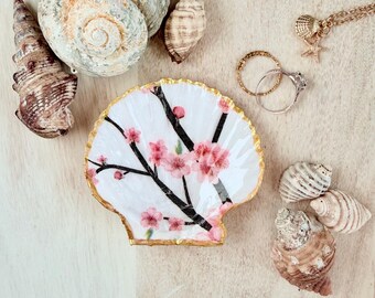 Handcrafted Cherry Blossom Scallop Shell Ring Dish – Coastal Decoupage Trinket Tray