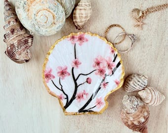 Handcrafted Scallop Shell Ring Dish: Cherry Blossom Decoupage, Gold Edging, Coastal Trinket Tray