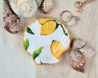 Lemon Gloss Scallop Shell Trinket Dish – Coastal Decoupage Jewellery Tray