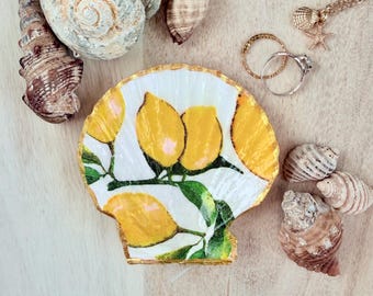 Lemon Gloss Scallop Shell Dish: Coastal Decoupage Trinket Tray, Jewellery Holder