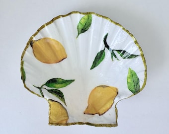 Lemon Gloss Scallop Shell Ring Dish – Coastal Decoupage Trinket Tray