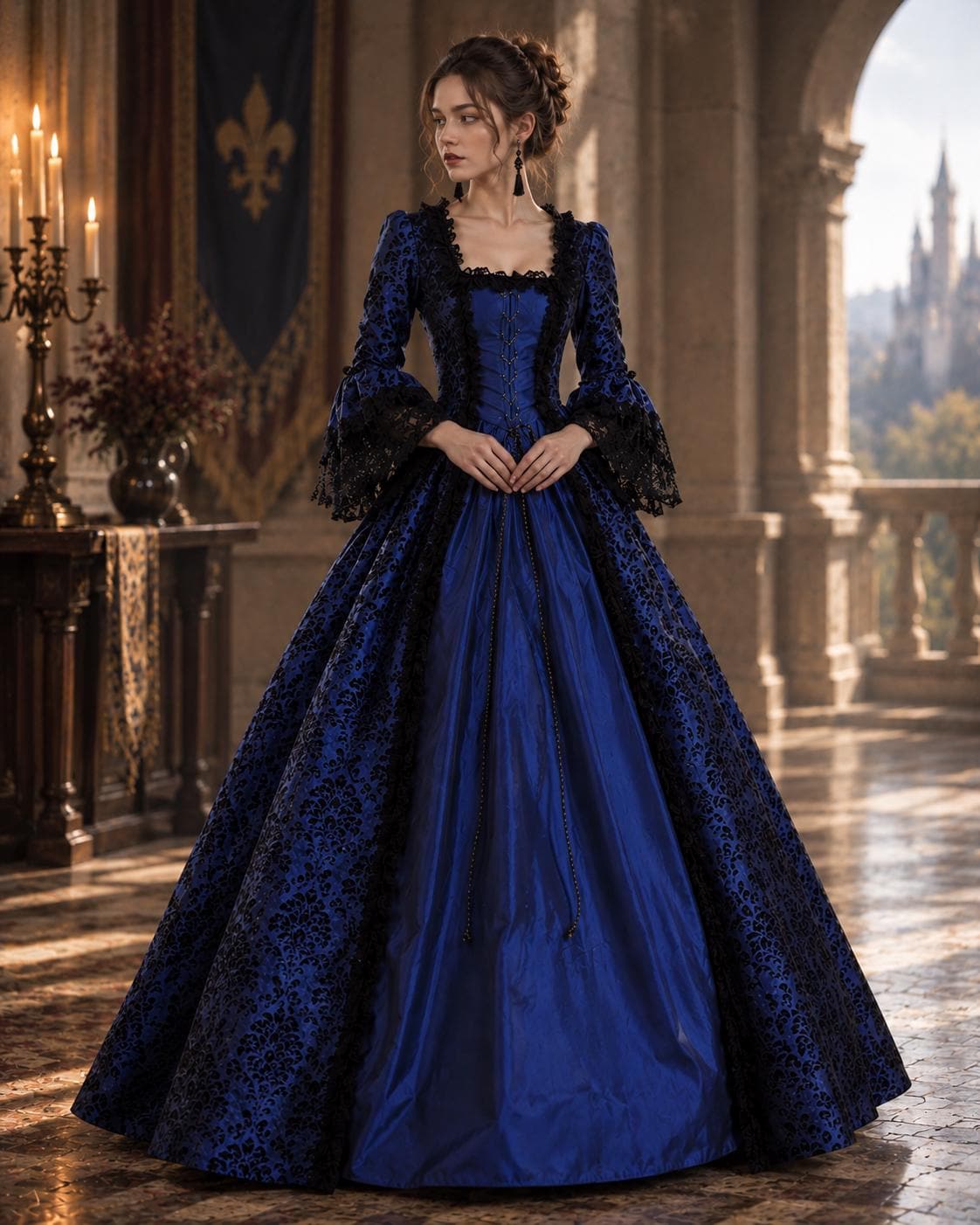 blue lace bell sleeve dress Size:Waist 36-42