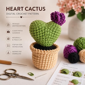 Heart Cactus Crochet Pattern, Amigurumi Plant PDF, Potted Cactus Pattern, Beginner Crochet DIY, Cute Plant Home Decor