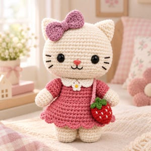 Könnte beinhalten: Eine cremefarbene, gehäkelte Katzenpuppe mit einer rosa Schleife auf dem Kopf, einem rosa Kleid mit weißem Kragen und einer kleinen erdbeerförmigen Tasche. Die Katze hat schwarze Augen, eine rosa Nase und gestickte Schnurrhaare.
