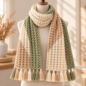 Könnte beinhalten: Ein gehäkelter Schal mit einem Color-Block-Muster in Creme, Salbeigrün und Hellbraun. Der Schal hat ein durchbrochenes Strickmuster und ist an den unteren Kanten mit passenden Quasten versehen, drapiert über einem Schneiderbüsten-Torso.