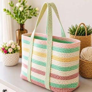 Crochet Tote Bag Pattern PDF, Easy Market Bag Crochet Pattern, Beginner Beach Tote Tutorial, Striped Shopper Bag, Instant Download