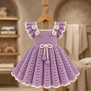 Könnte beinhalten: Ein lavendelfarbenes Häkelkleid mit quadratischem Ausschnitt, gerüschten Ärmeln mit weißen Blumenapplikationen und einem ausgestellten Rock mit wiederkehrendem Lochmuster. Die Taille ist mit einem weißen Kordelzug verziert, der in zwei kleinen Kugeln endet.