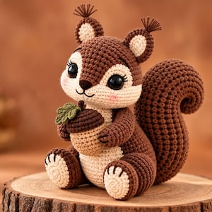 May include: A crocheted squirrel figurine made of dark brown and cream yarn. The squirrel has large black eyes, tufted ears, and a bushy tail. It is holding a crocheted acorn with a brown cap and a small green leaf attached to the top.