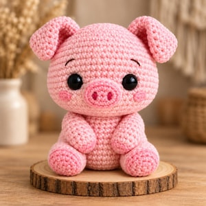 Könnte beinhalten: Ein hellrosa gehäkeltes Schwein-Stofftier mit rundem Kopf, großen schwarzen Kunststoffaugen und einer Schnauze mit zwei dunkelrosa Nasenlöchern. Das Schwein hat kleine Ohren, rosige Wangen und sitzt in einer nach vorne gerichteten Position mit sichtbaren Armen und Beinen.