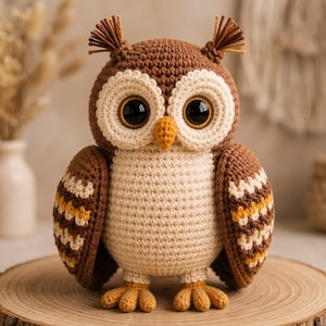 Könnte beinhalten: Ein gehäkeltes Eulen-Stofftier mit braunem Kopf und Rücken, einer cremefarbenen Brust und großen schwarzen Kunststoffaugen. Die Eule hat braune Federbüschel an den Ohren, einen gelben Schnabel und gelbe Füße sowie Flügel mit braunen, cremefarbenen und gelben Streifen.