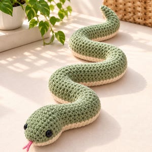 May include: A long, stuffed crochet snake toy featuring a textured sage green top and a smooth cream-coloured underside. The snake has two small, round black eyes and a bifurcated pink yarn tongue protruding from its mouth, arranged in an S-curve.