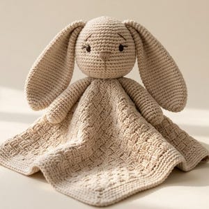 May include: A beige crochet security blanket featuring a stuffed rabbit head with long ears and embroidered facial features. The attached blanket has a textured basketweave pattern with a solid border, crafted from soft yarn in a neutral tone.