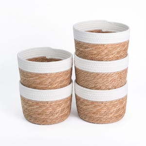 May include: A set of four round storage baskets featuring a natural tan woven seagrass base and a thick white cotton rope rim. The baskets are arranged in two stacks, with two baskets on the left and three baskets on the right, showcasing a consistent design.