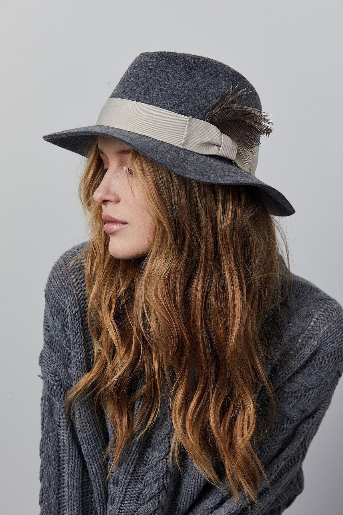 Floppy felt fedora hat with a feather Gray felt hat Winter Etsy