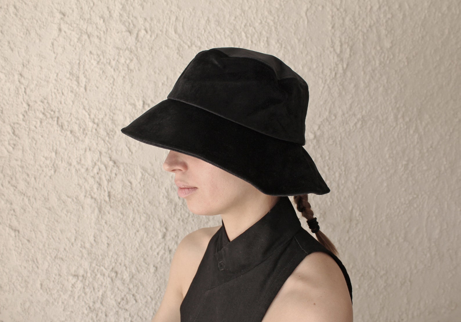 Fashionable black quality velvet bucket hat Sun hat | Etsy