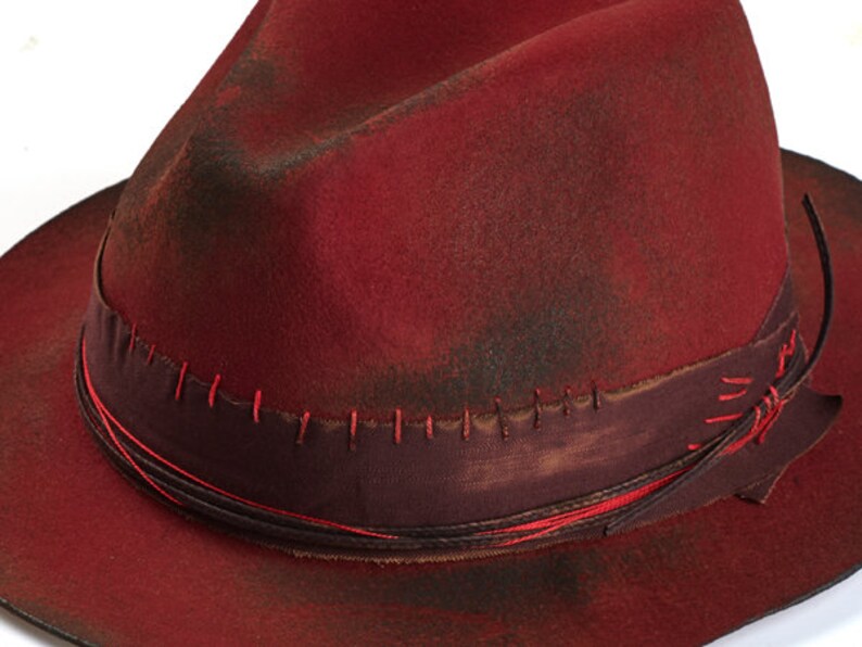 Red felt fedora hat with unique burning texture Mens felt Etsy