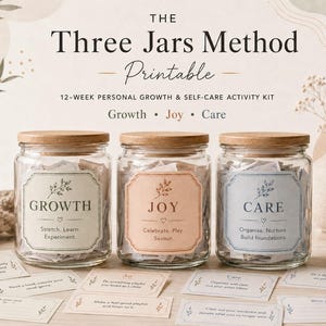 May include: Three clear glass jars with wooden lids, each featuring a label titled Growth, Joy, or Care. The jars are filled with small paper slips, and additional printed activity cards are arranged on the surface in front of the jars.