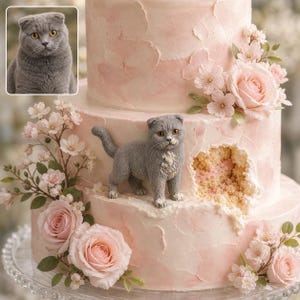 May include: A multi-tiered cake with light pink textured frosting, decorated with pale pink roses and cherry blossoms. A gray Scottish Fold cat figurine stands on the middle tier next to a carved-out section revealing the cake interior.