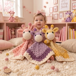Puede incluir: Tres mantitas de apego de jirafa tejidas a ganchillo en rosa, morado y amarillo, cada una con una cabeza de animal de peluche con orejas y cuernos unida a un cuerpo de manta suave y texturizado con borde color crema para bebés.