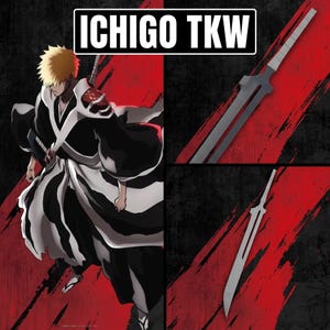 May include: A digital illustration featuring the text ICHIGO TKW, a character with spiky blonde hair wearing a black and white robe, and two views of a long, grey, double-pronged sword with a white handle against a red and black background.