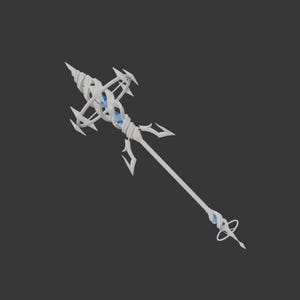 May include: A white staff featuring a complex, spiraling head design with sharp, angular protrusions and a central blue core. The shaft is slender and straight, accented by a smaller, matching spiraling element and a ring near the bottom tip.