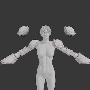 May include: A 3D digital model of a human figure in a T-pose, wearing light grey shoulder armour and forearm gauntlets. Two additional detached rounded armour pieces float on either side of the head. The figure has short hair and a neutral expression.